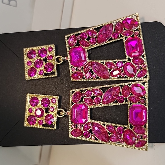 Gold Geometric Rhinestone Drop Earrings Multiple Colors - Picture 3 of 9